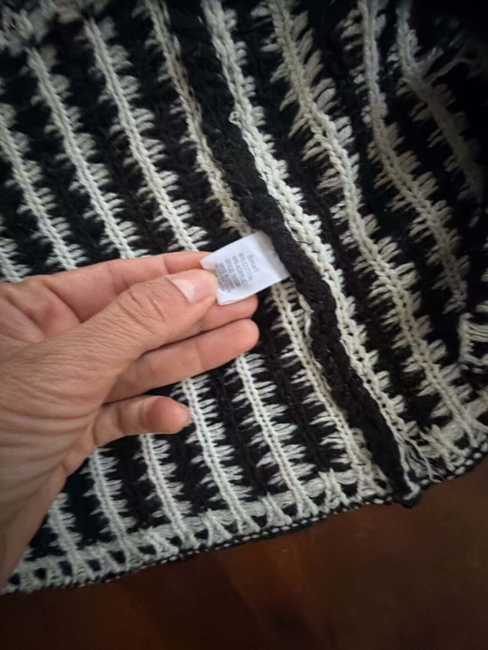Black and White Geometric Pattern Fringe Hooded Cardigan Size Small